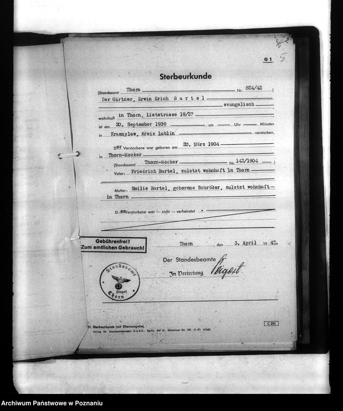 Obraz 9 z jednostki "Wykaz miejscowych Niemców, którzy zginęli w 1939 roku (pow) Thorn (Toruń)"