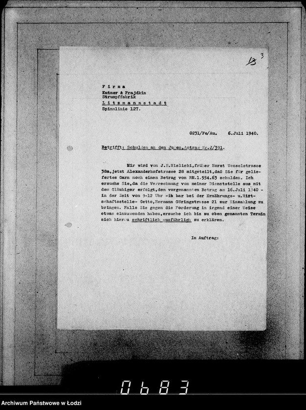 Obraz 7 z jednostki "J.[uden] 391-405 [Wnioski Żydów z Getta o zwrot należności za pracę lub towar wzięty na kredyt]"