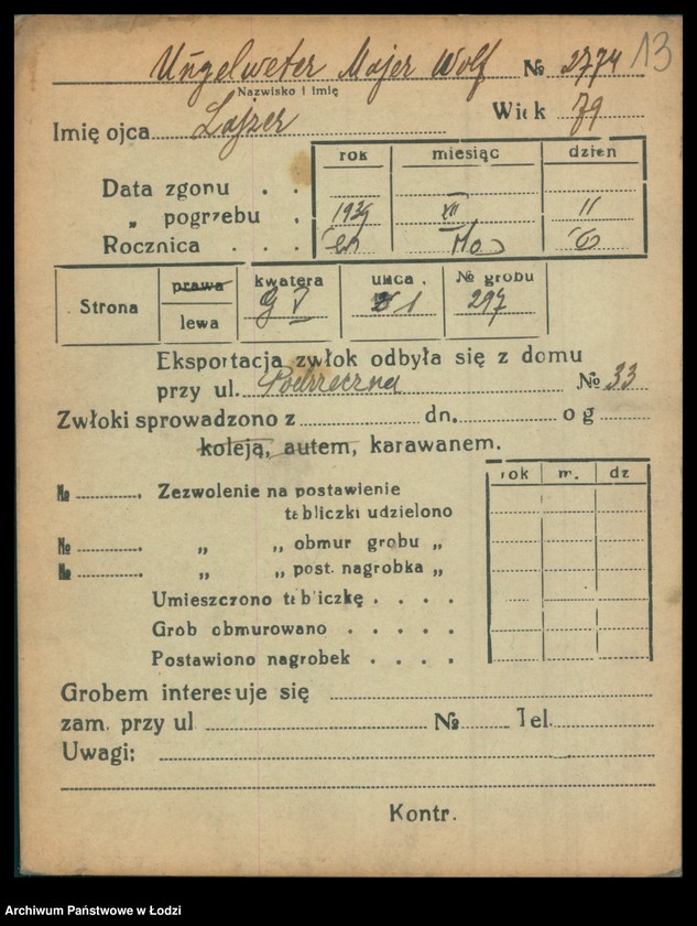 Obraz 14 z jednostki "Kartoteka osób pochowanych na cmentarzu żydowskim przy ulicy Brackiej w latach 1892-1944. Nazwiska na literę U"