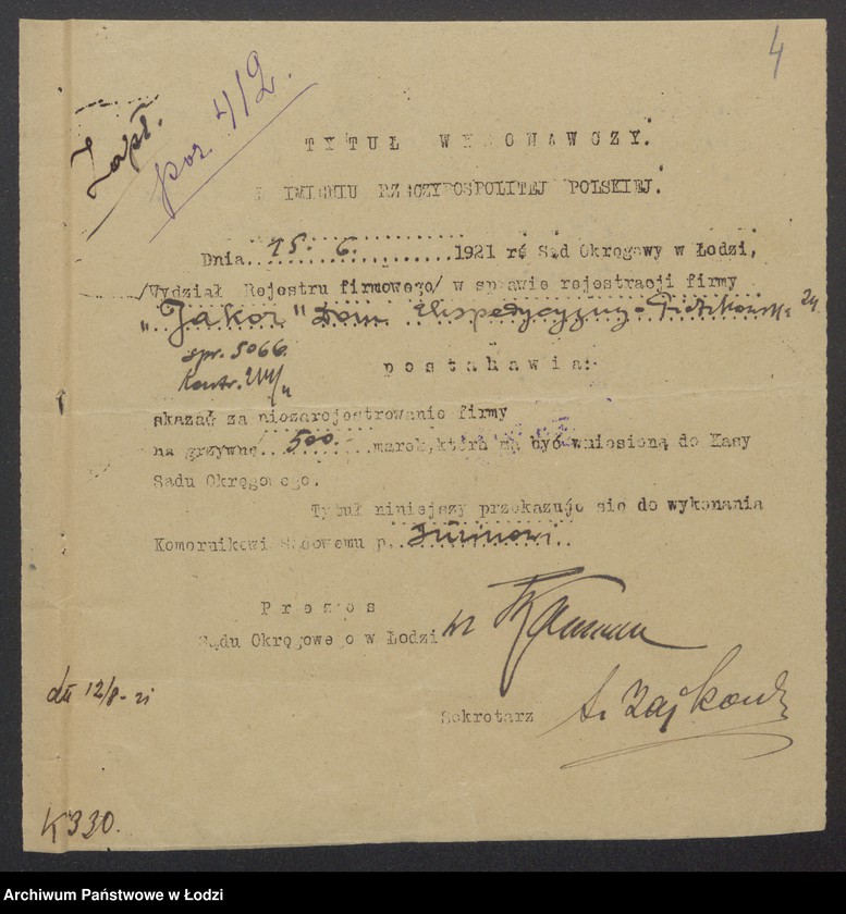 Obraz 6 z jednostki "„Jakor – M. Drewnowski, S. Nowicki, S. Weinberg” – Biuro ekspedycyjno-transportowe spółka komandytowa"