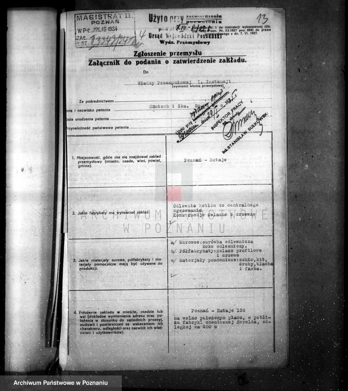 Obraz 17 z jednostki "Zatwierdzenie zakładu przemysłowego /fabr. cieplarń/ Firma Höntsch w Poznaniu"