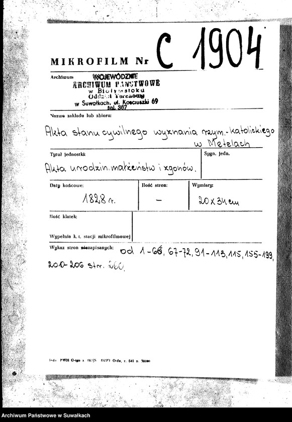 image.from.unit.number "Duplikat Aktów Urodzonych, Zaślubionych Zmarłych Katolików Parafii Metelskiey Roku 1828"