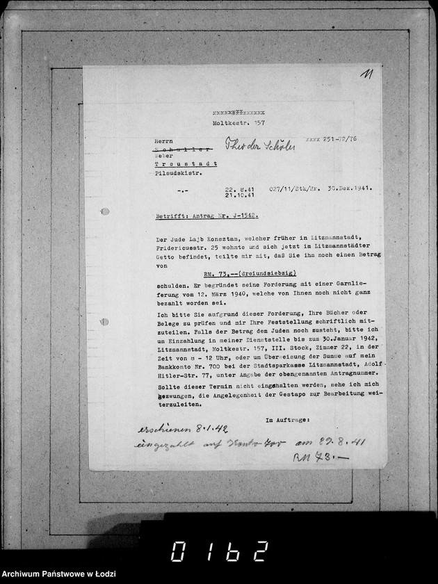 Obraz 15 z jednostki "J 1541-1560 [Wnioski Żydów z Getta o zwrot należności za towar wzięty na kredyt]"