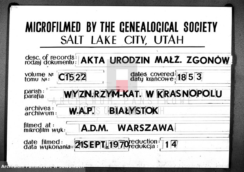 image.from.unit.number "Duplikat akt Urodzonych, Zaślubionych i Umarłych Parafii Krasnopol 1853."