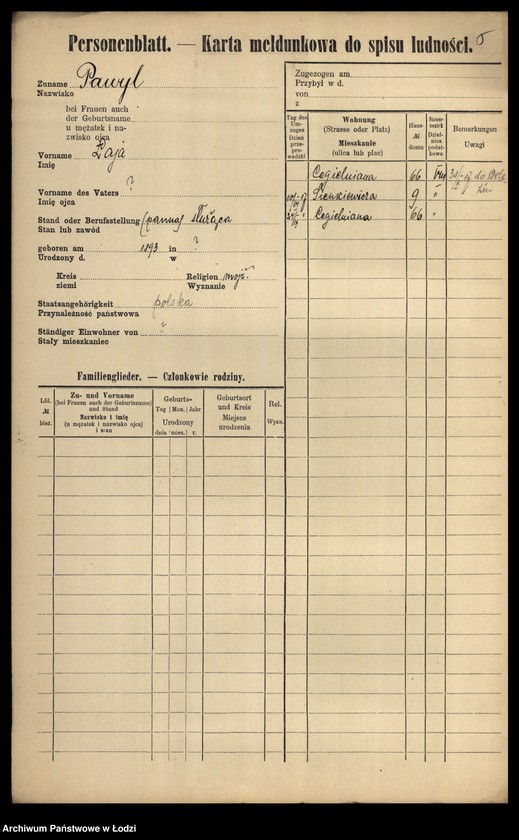 Obraz 7 z jednostki "[Spis ludności Łodzi] Pawoniak-Pelc"
