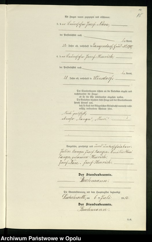Obraz 19 z jednostki "Heirats-Register (Neben-Register) Standesamt Deutschwette 1912"