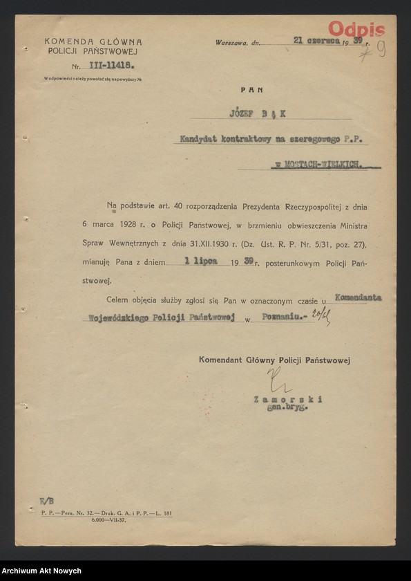 image.from.unit.number "Przydziały nowomianowanych posterunkowych Policji Państwowej w województwie poznańskim. Dekrety mianowania, wykaz, korespondencja."