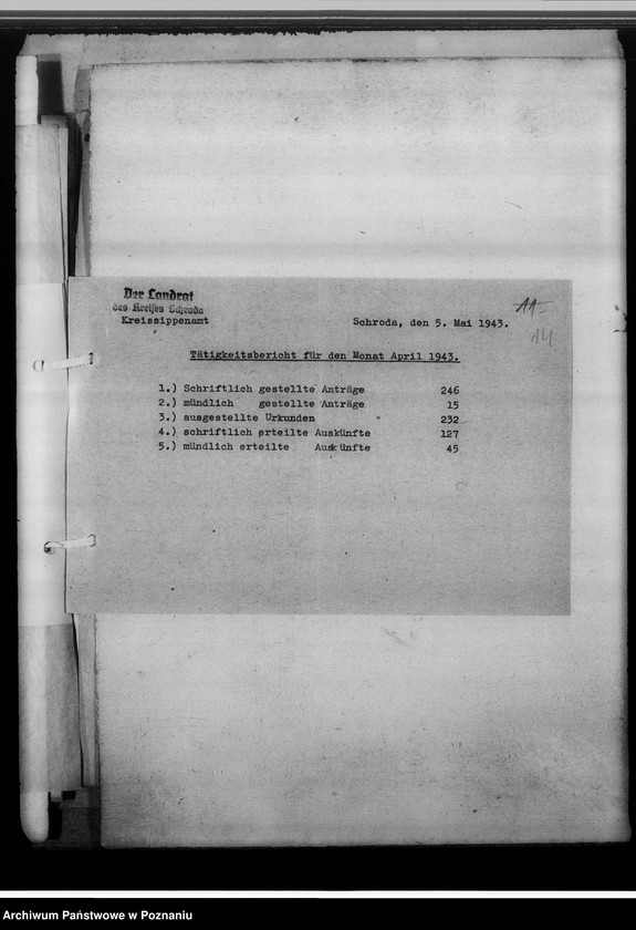 Obraz 18 z jednostki "[Korespondencja w sprawach organizacyjnych, sprawozdanie z działalności], Kreissippenamt Schroda [Środa]"