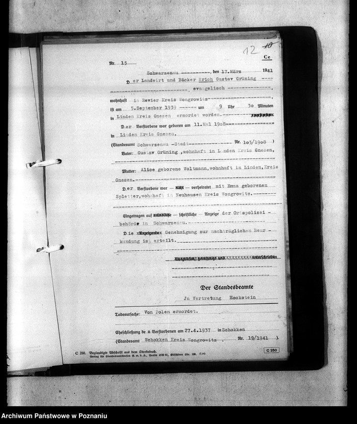 Obraz 16 z jednostki "Kreis Gnesen (Gniezno). Wykazy miejscowych Niemców, którzy zginęli w 1939 roku"