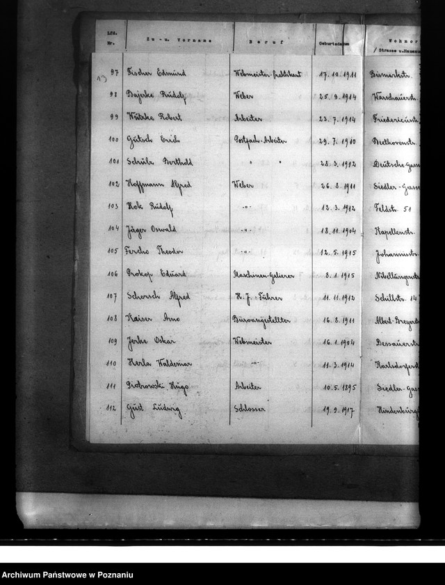 Obraz 17 z jednostki "Stadt Pabianice. Verzeichnis der registvierten Volksdentschen die wälerend der deutsch - polnischen krieges zum polnischen Heereschinst eingezogen bezw. verhaftet, interniert oder verschleppt waren"