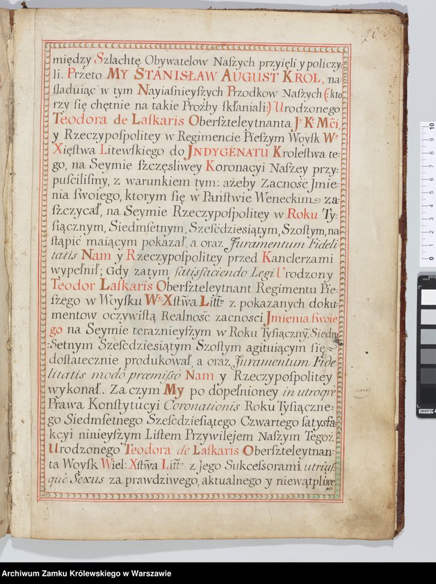 image.from.unit.number "Stanisław August król Polski etc... nadaje Teodorowi de Laskaris oberszter-lejtnantowi regimentu pieszego Wielkiego Księstwa Litewskiego indygenat, po uchwale sejmu 1766"