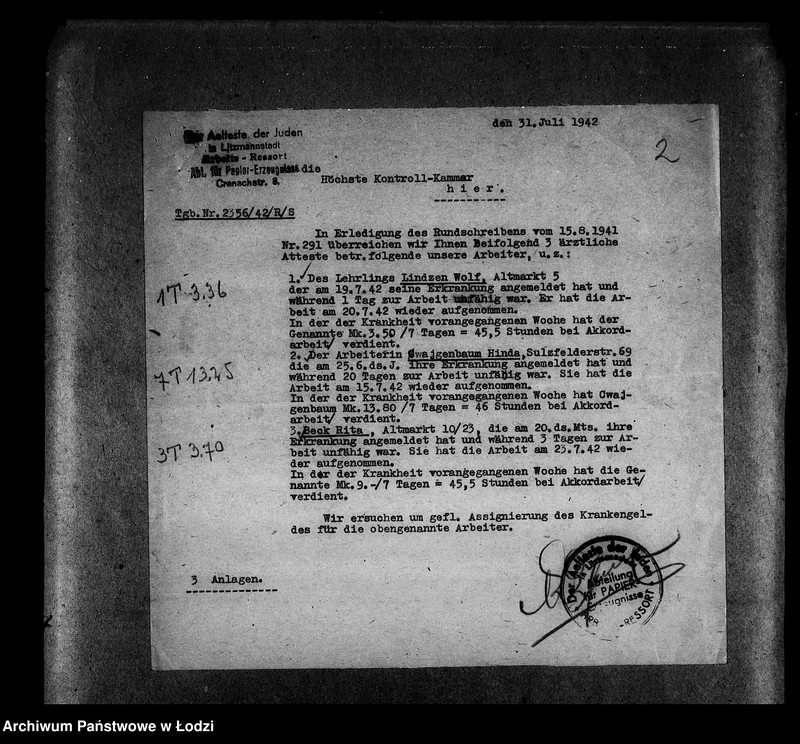 Obraz 5 z jednostki "Papiererzeugnisse-Abteilung [Zasiłki chorobowe dla pracowników wydziału, listy pracowników, zaświadczenia lekarskie]"