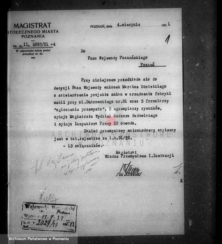 image.from.unit.number "Zatwierdzenie projektu zakładu przemysłowego /fabryki mebli/ nr 432 własność M. Dostatniego w Poznaniu"