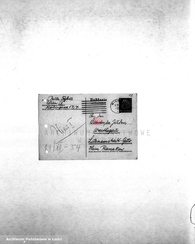 Obraz 20 z jednostki "[Korespondencja z osobami w różnych krajach w sprawie informacji o Żydach zamieszkałych w getcie łódzkim, wsiedlonych z Wiednia]"