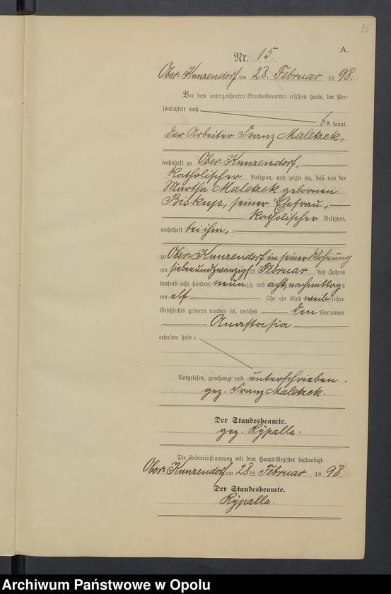 Obraz 19 z jednostki "Geburts-Neben-Register Standesamts Kunzendorf pro 1898"