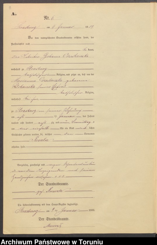 image.from.unit.number "Geburts-Neben-Register Strasburg W/Pr. für das Jahr 1889"