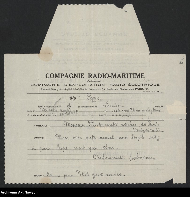 image.from.unit.number "Ciechanowski Jan (dyplomata); Załączniki: a) umowa J. Ciechanowskiego i odpowiedź prez. C. Codige