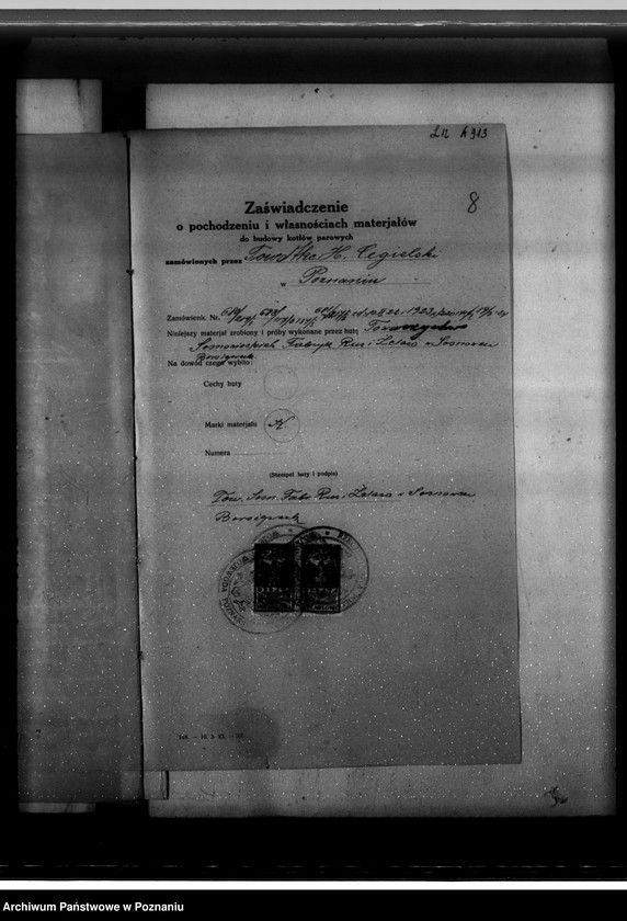 Obraz 15 z jednostki "Majątek Gryżyna pow. kościański, własność Lossow nadzór nad kotłami parowymi"