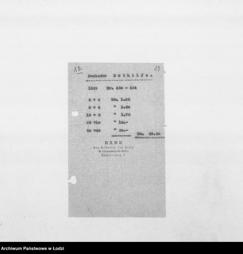 Obraz 16 z jednostki "Banken [Korespondencja PSŻ z GV i bankami niemieckimi w sprawie przekazów pieniężnych dla wsiedlonych do getta Żydów z Rzeszy]"