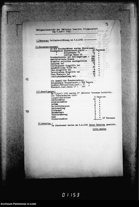 Obraz 7 z jednostki "[Dzienne, tygodniowe i miesięczne sprawozdania Gminy Żydowskiej w Getcie Łódzkim]"