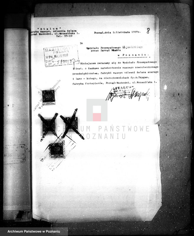 Obraz 12 z jednostki "Zatwierdzenie projektu budowy i urządzenia zakładu przemysłowego nr rej 1503 /odlewy żeliwne lano-kute i budowa maszyn przemysłowych/ Poznań ul. Wrzesińska/ Oraz Fabryka maszyn firmy „Stalum""