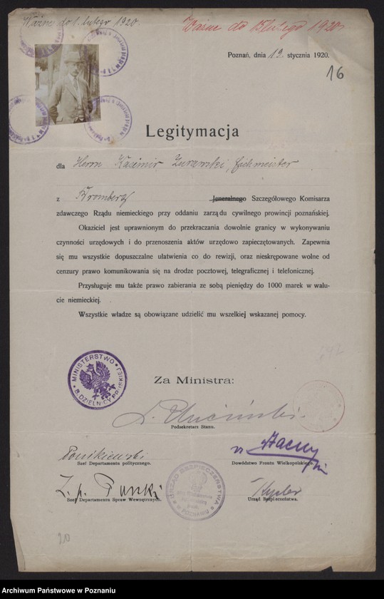 Obraz 18 z jednostki "[Egzemplarz legitymacji wydanych przez polskie władze komisarzom niemieckim dla oddania zarządu cywilnego prowincji poznańskiej]"