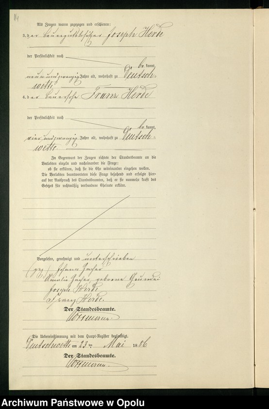 Obraz 18 z jednostki "Heiraths-Neben-Register des Standesamts Deutsch Wette pro 1886"