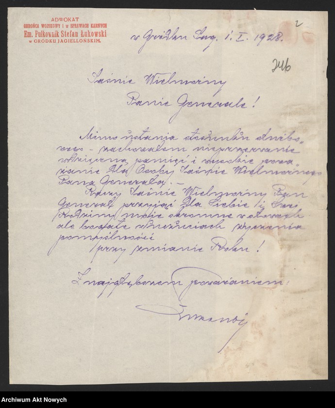 image.from.unit.number "Łukomski Stefan, emerytowany pułkownik, adwokat. Potępienie uchwały Zjazdu Legionistów skierowanej przeciw W. Sikorskiemu. Życzenia."