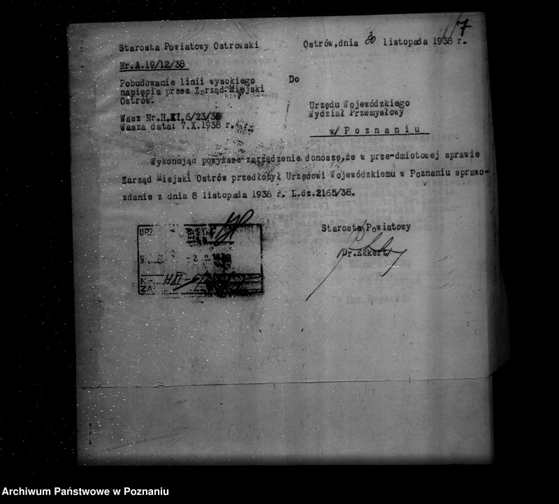 Obraz 11 z jednostki "/Pozwolenie policyjno-techniczne dla Elektrowni w Ostrowie na uruchomienie zakładu elektrycznego w Prześlinie/"