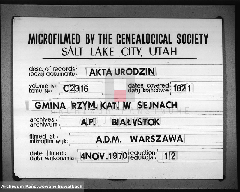 image.from.unit.number "Akta urodzonych gminy i parafij seyneńskiey z 1821 roku."