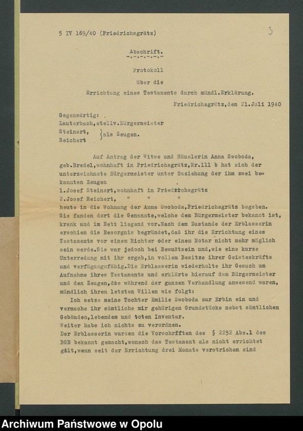 Obraz 7 z jednostki "Verfügung von Todes wegen der Anna Swoboda geb[oren] Bredel aus Friedrichsgrätz gestorben am 28.07.1940 zuletzt wohnhaft in Friedrichsgrätz."