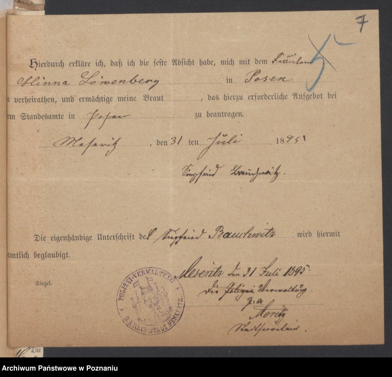 Obraz 10 z jednostki "Die von den Verlobten beigebrachten Urkunden zur Eheschliessung pro 1895"