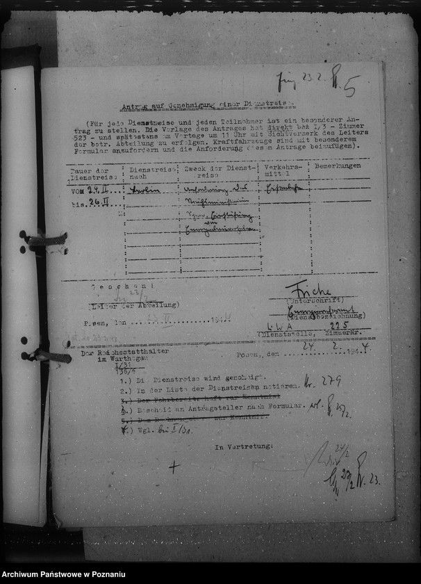 Obraz 9 z jednostki "Genehmigungen der Dienstreisen / Archivgut - Bytyn, Ceradz, Tarnowo, Starpel / i inne wyjazdy służbowe"