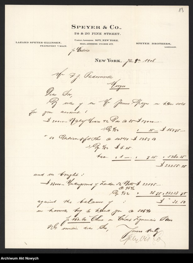image.from.unit.number "Spyer and Co. (New York) Korespondencja, zestawienia"