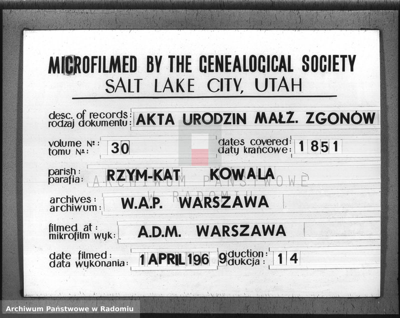 image.from.unit.number "Dupplikat Aktów Urzędnika Stanu Cywilnego Urodzenia, Małżeństw i Zeyścia parafii Kowali Stępociny w Roku 1851"