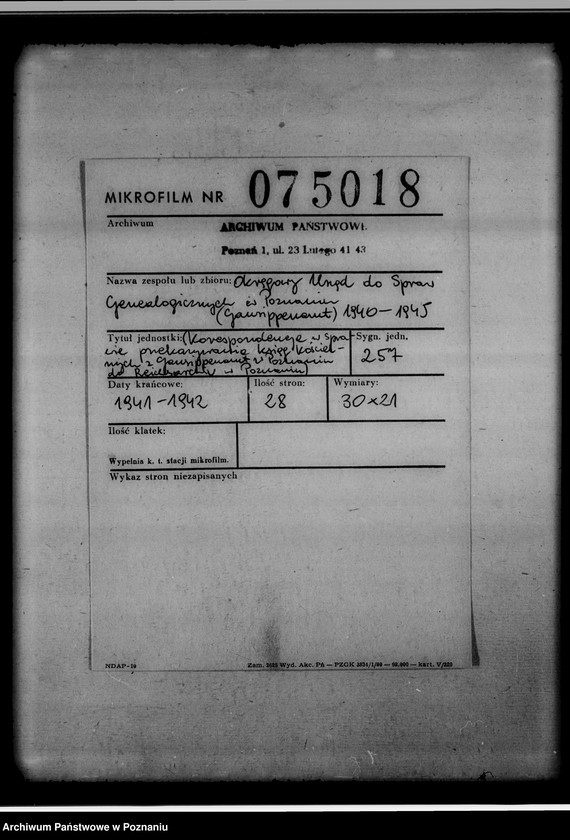 Obraz 2 z jednostki "[Korespondencja w sprawie przekazywania ksiąg kościelnych z Gausippenamt w Poznaniu do Reichsarchiv w Poznaniu]"