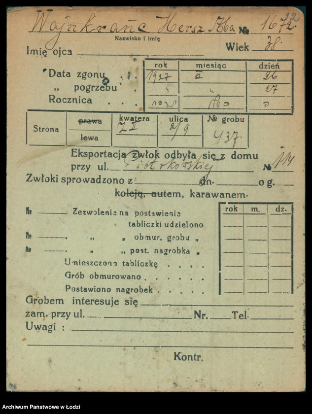 Obraz 13 z jednostki "Kartoteka osób pochowanych na cmentarzu żydowskim przy ulicy Brackiej w latach 1892-1958. Nazwiska na litery: Wajnh-Wajs"