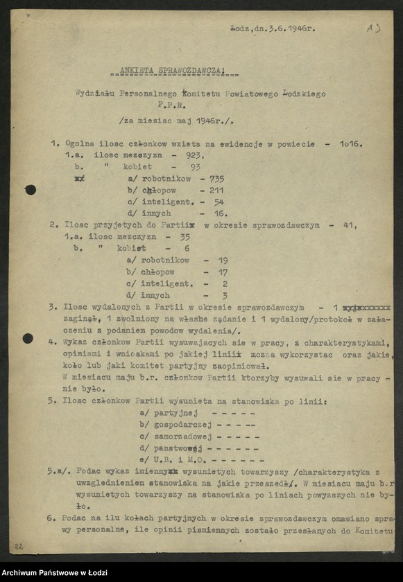 Obraz 20 z jednostki "Ankiety sprawozdawcze instruktora Komitetu Powiatowego Łódź [z załącznikami]"