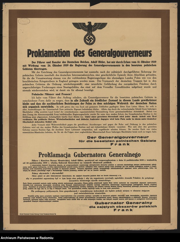 image.from.unit.number "Proklamacja Gubernatora Generalnego (przy objęciu władzy w Generalnym Gubernatorstwie). Podpisano: Gubernator Generalny dla zajętych polskich obsza Frank"