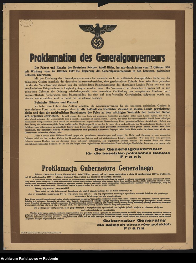 Obraz 5 z jednostki "Proklamacja Gubernatora Generalnego (przy objęciu władzy w Generalnym Gubernatorstwie). Podpisano: Gubernator Generalny dla zajętych polskich obsza Frank"