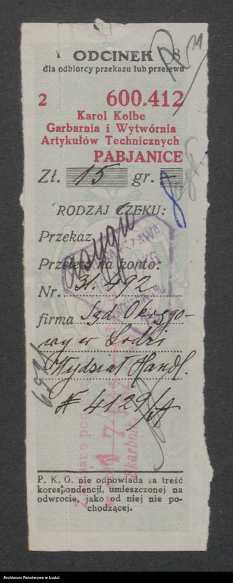 Obraz 13 z jednostki "Karol Kolbe w Pabianicach- garbarnia i wytwórnia artykułów technicznych"