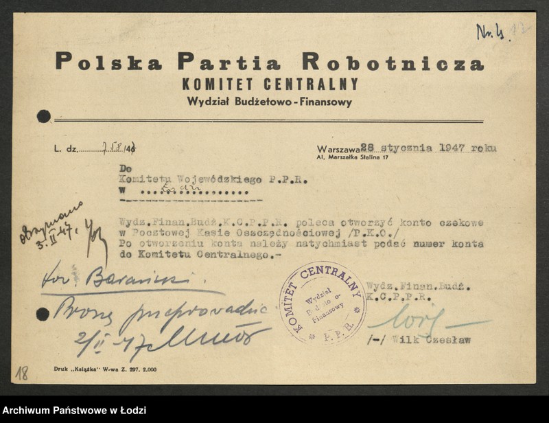 Obraz 13 z jednostki "Korespondencja z [Wydziałem Ogólnym, Budżetowo - Finansowym, Gospodarczym oraz Buchalterią] Komitetu Centralnego"