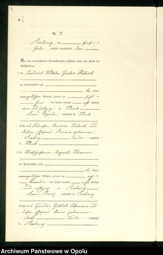 Obraz 11 z jednostki "Heiraths-Neben-Register Standes-Amt Riebnig 1903"