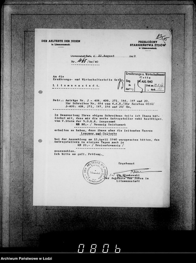 Obraz 19 z jednostki "J[uden] 406-420 [Wnioski Żydów z Getta o zwrot należności za pracę lub towar wzięty na kredyt]"