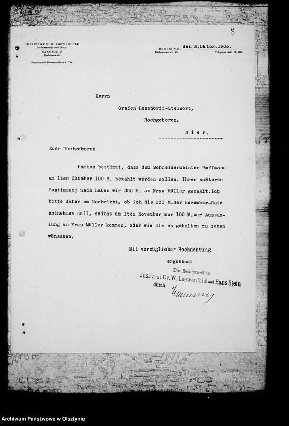 image.from.unit.number "/Korrespondenz des Justitzrats Dr. Loewenfeld- Berlin mit den Gläubigern des Gfen u. ihm selbst in sachen der Zwangsverwaltung von Steinort etc/"