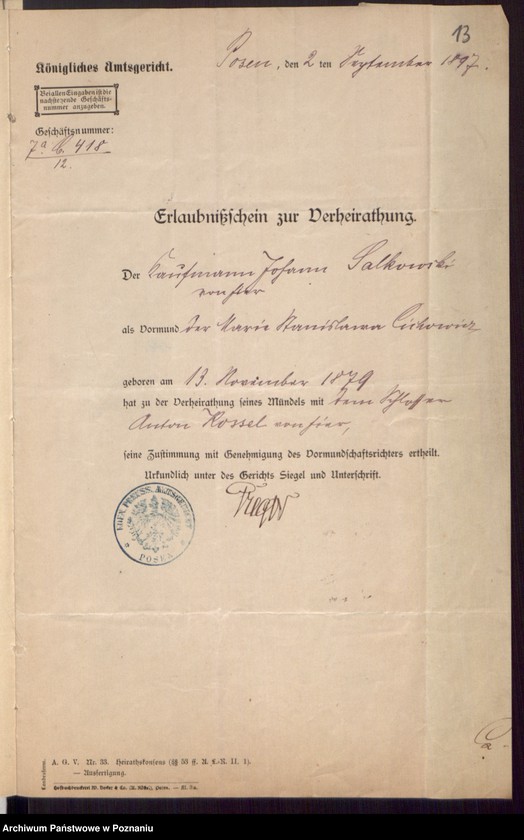 Obraz 15 z jednostki "Die von den Verlobten beigebrachten Urkunden zur Eheschliessung pro 1897"