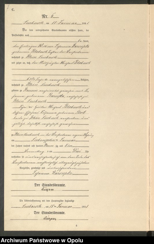 image.from.unit.number "Sterbe-Neben-Register Standes-Amt Leubusch 1891"