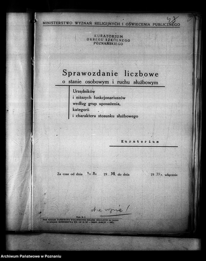 Obraz 8 z jednostki "[Sprawozdania o stanie osobowym] i ruchu służbowym urzędników zatrudnionych w Kuratorium, Inspektoratach i Szkołach Średnich"