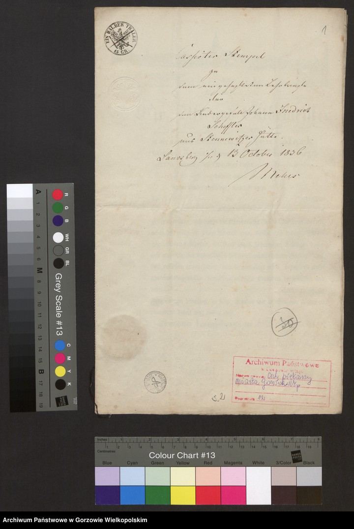 image.from.unit.number "[Lehrbrief für den Bäckergesellen Johann Friedrich Scheffler aus Stennewitzer Mühle. Landsberg a/W den 12 October 1836]"