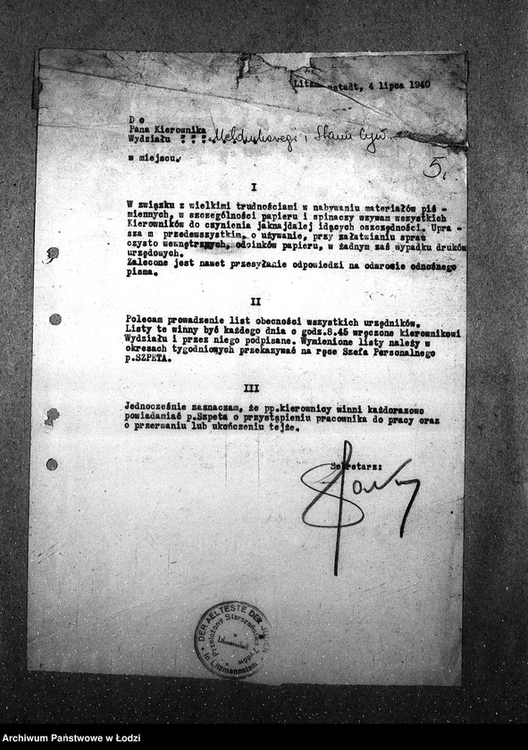 Obraz 8 z jednostki "[Okólniki przychodzące i wychodzące, listy wypłat pracowników Wydziału Statystycznego i Wydziałów Ewidencji]"